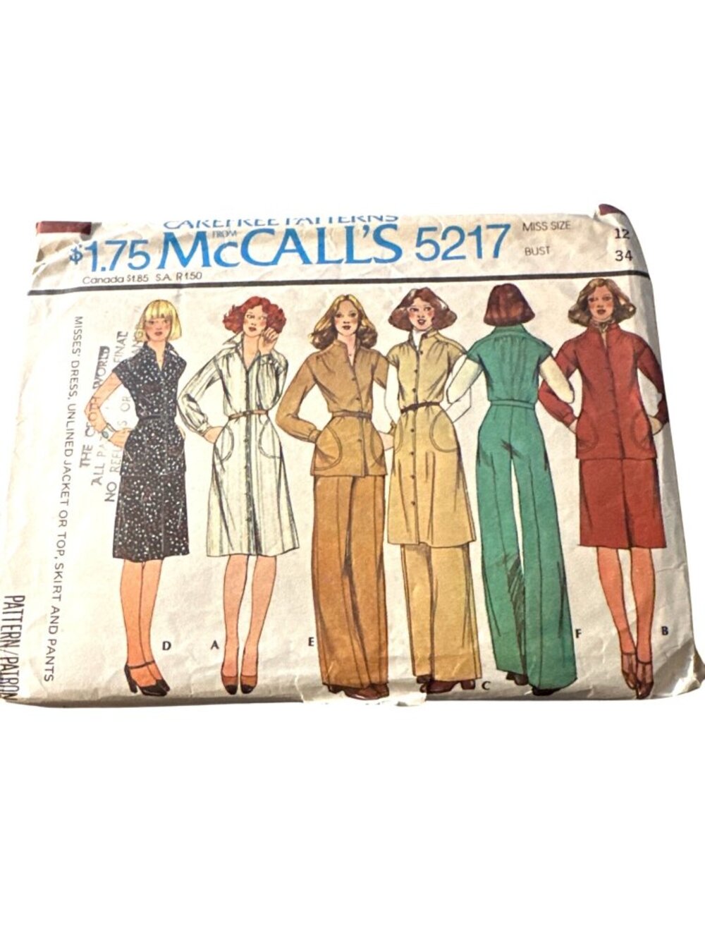 1970s McCalls 5217 Dress Jacket Size 12 Top Skirt Pants Sewing Pattern Cut Vtg